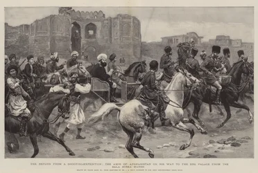 Powrót z wyprawy strzeleckiej, amir Afganistanu w drodze do pałacu Erg z bagien Bala Hirsa